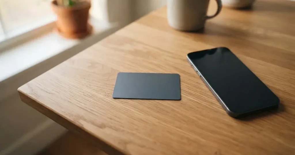 A payment card next to a phone with a crypto wallet app open