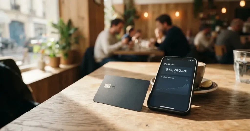 A payment card next to a phone with a crypto wallet app open