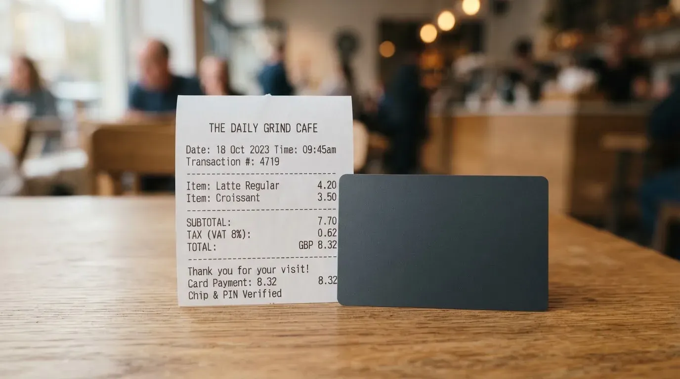 A receipt and a card on a café table