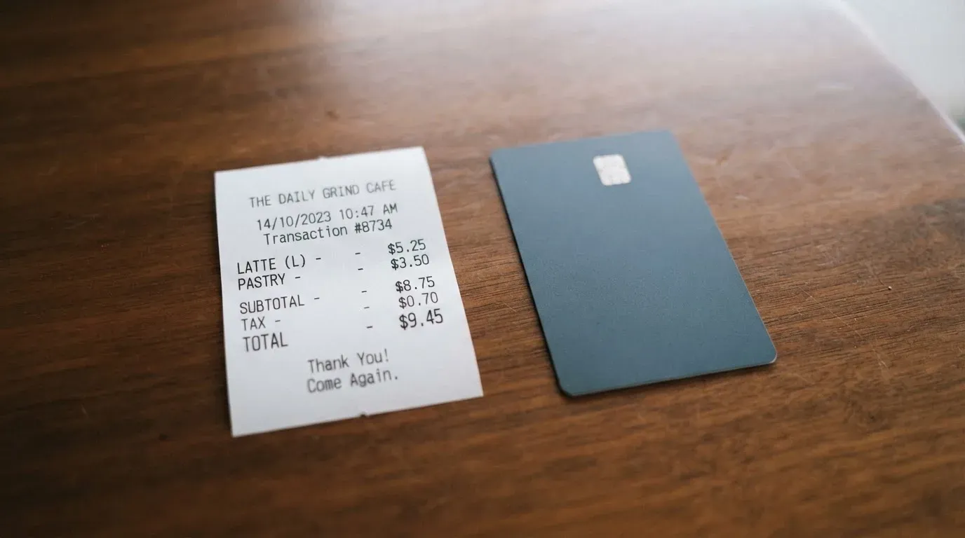 A receipt and a card on a café table