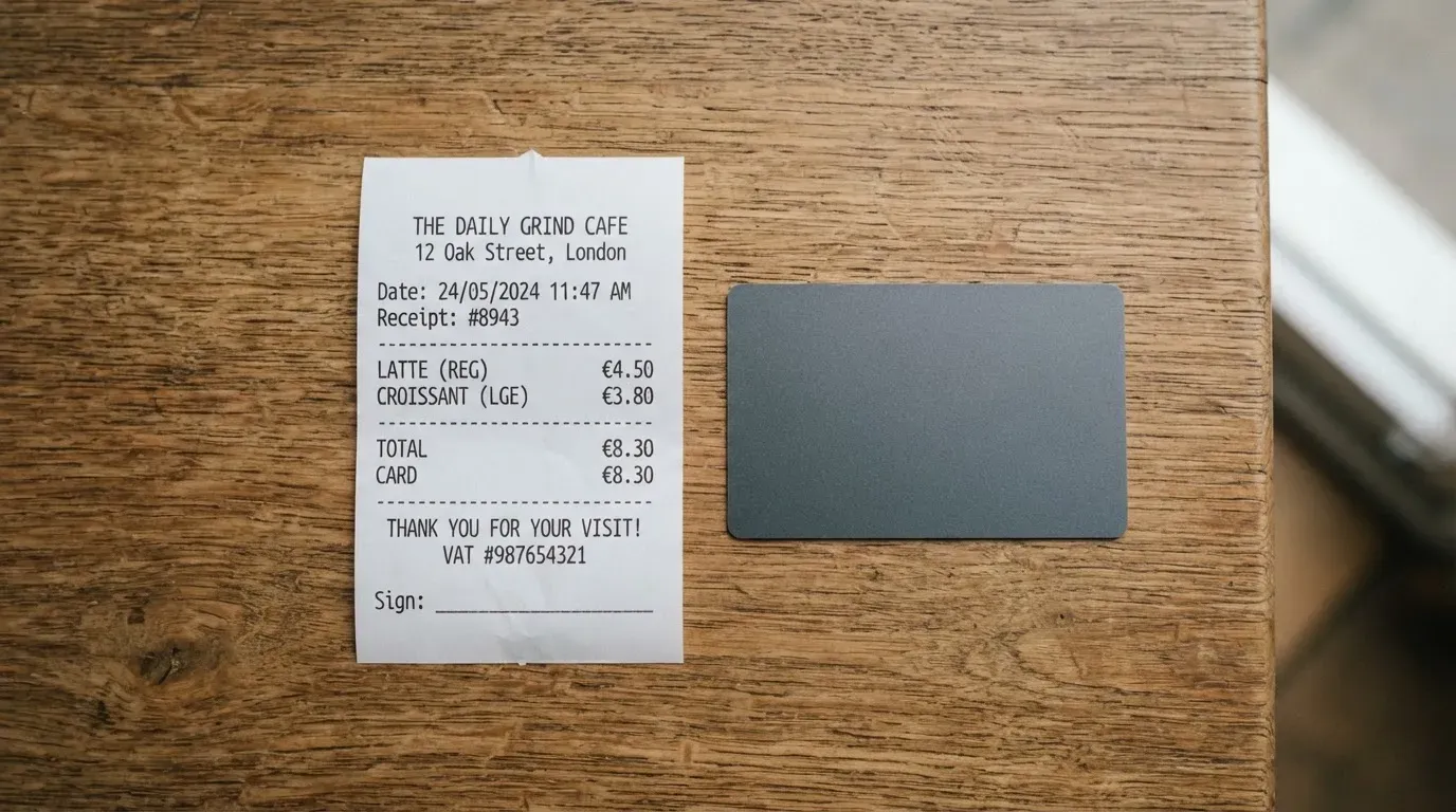 A receipt and a card on a café table
