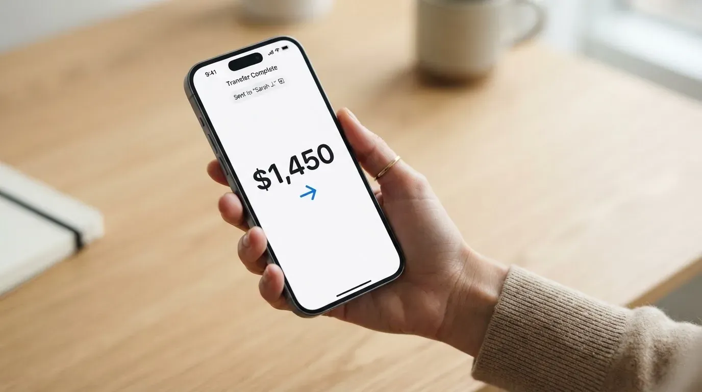 A phone showing a stablecoin transfer screen