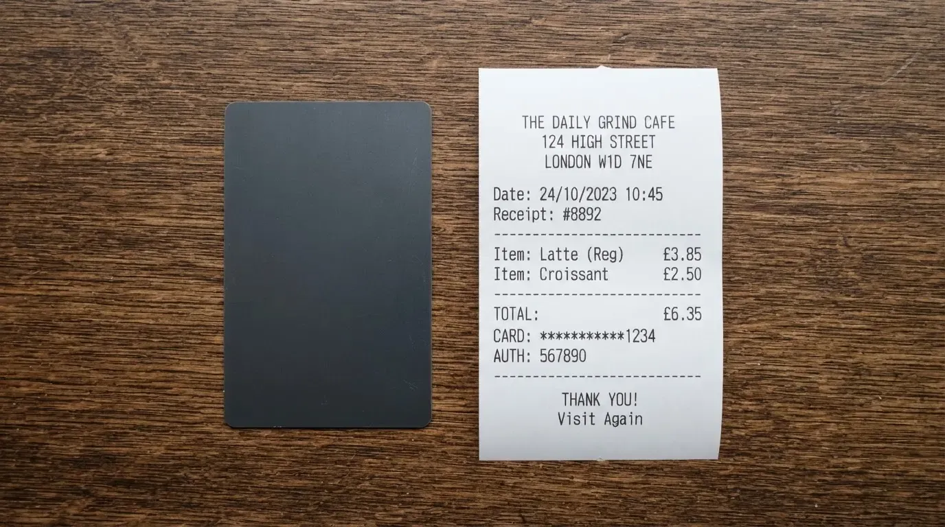 A receipt and a card on a café table
