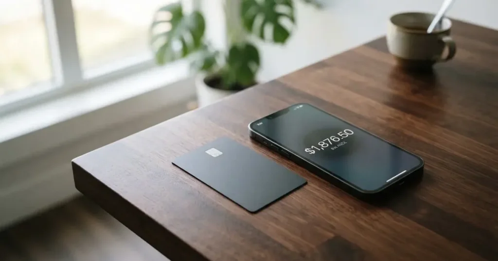 A payment card next to a phone with a crypto wallet app open