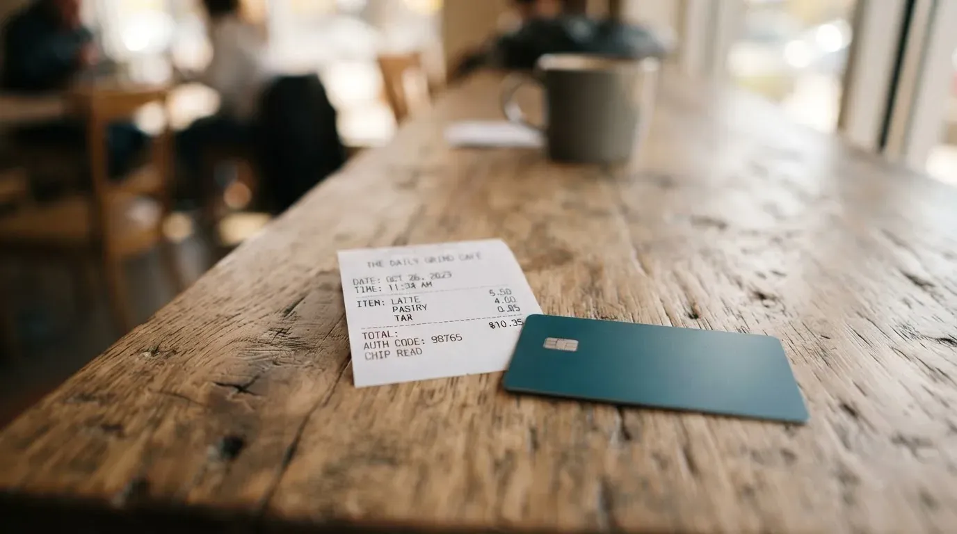 A receipt and a card on a café table