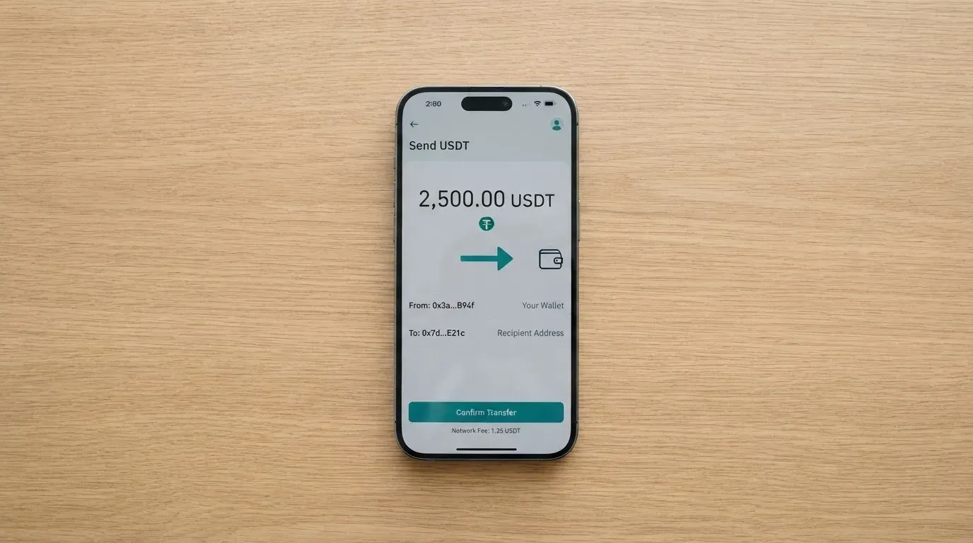 A phone showing a stablecoin transfer screen