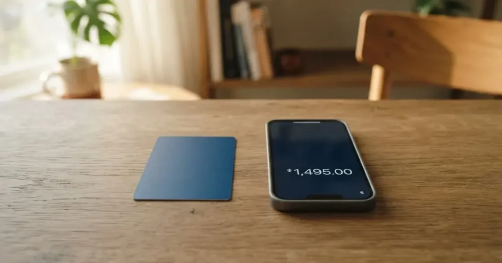 A payment card next to a phone with a crypto wallet app open