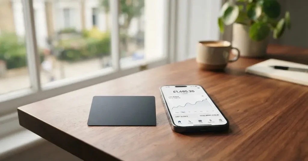 A payment card next to a phone with a crypto wallet app open