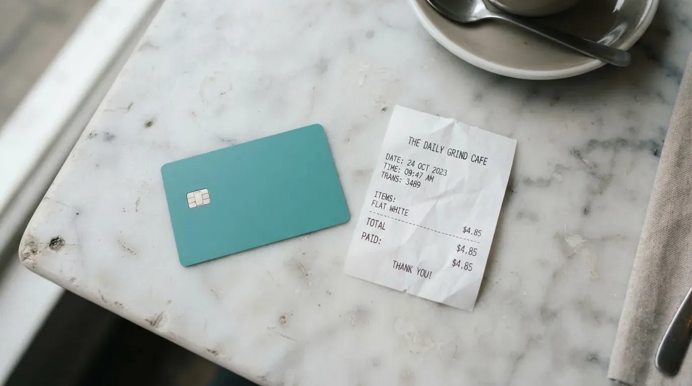 A receipt and a card on a café table