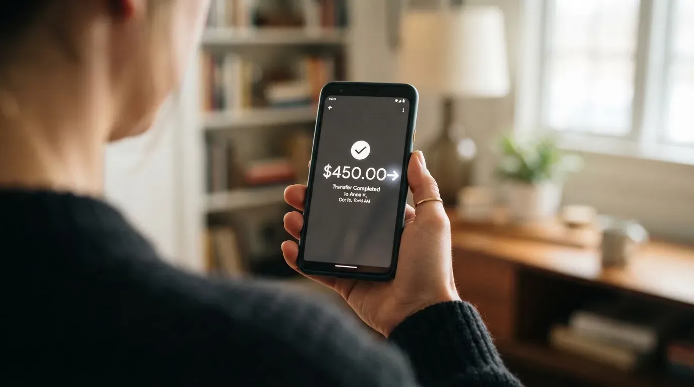 A phone showing a stablecoin transfer screen