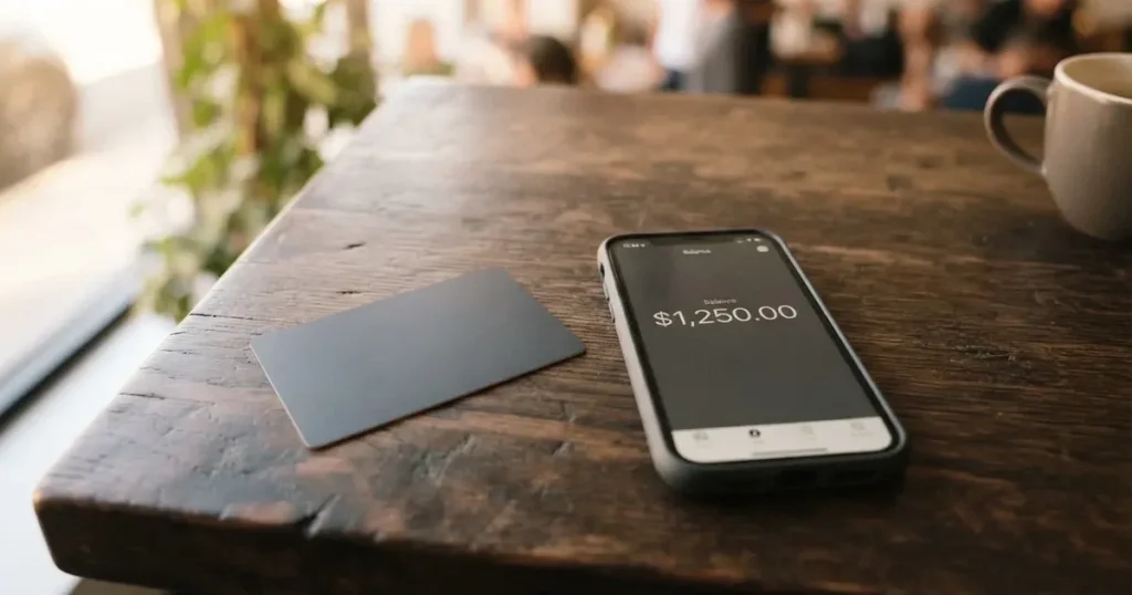 A payment card next to a phone with a crypto wallet app open