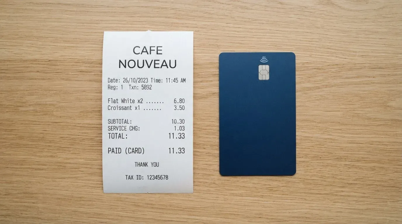 A receipt and a card on a café table