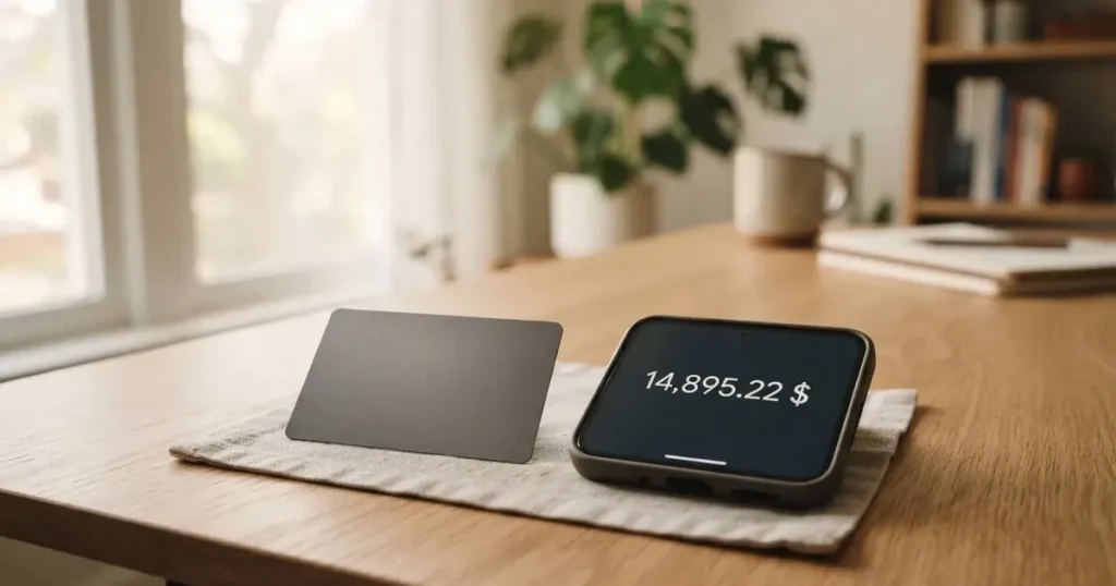 A payment card next to a phone with a crypto wallet app open