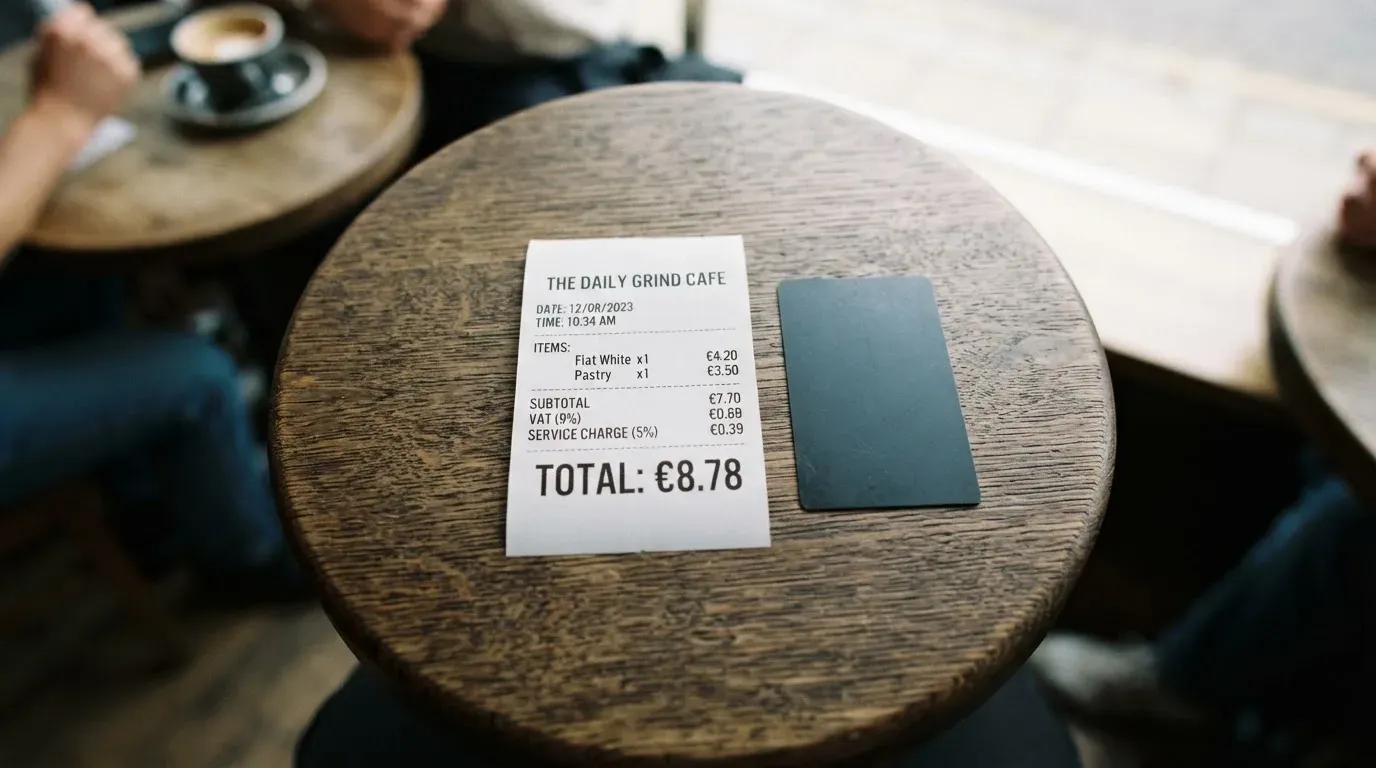 A receipt and a card on a café table