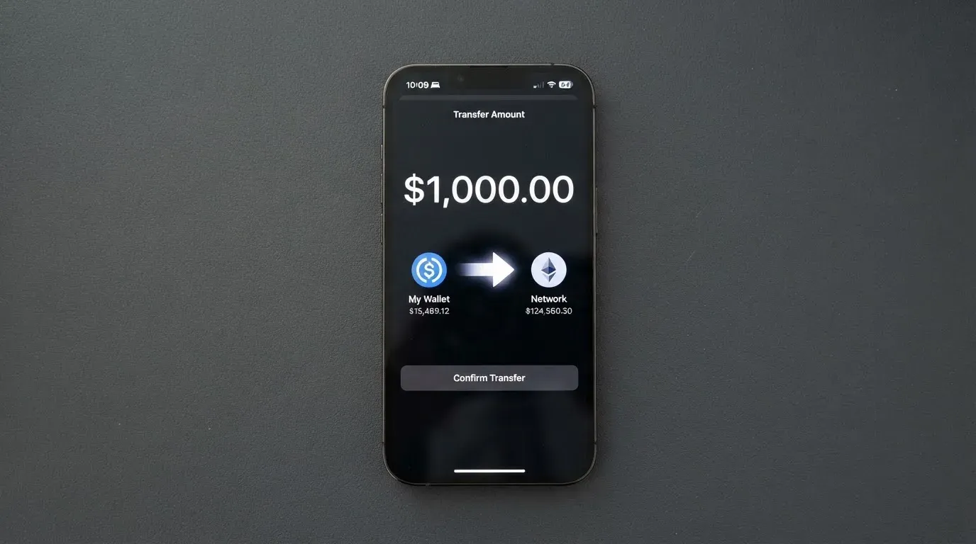 A phone showing a stablecoin transfer screen