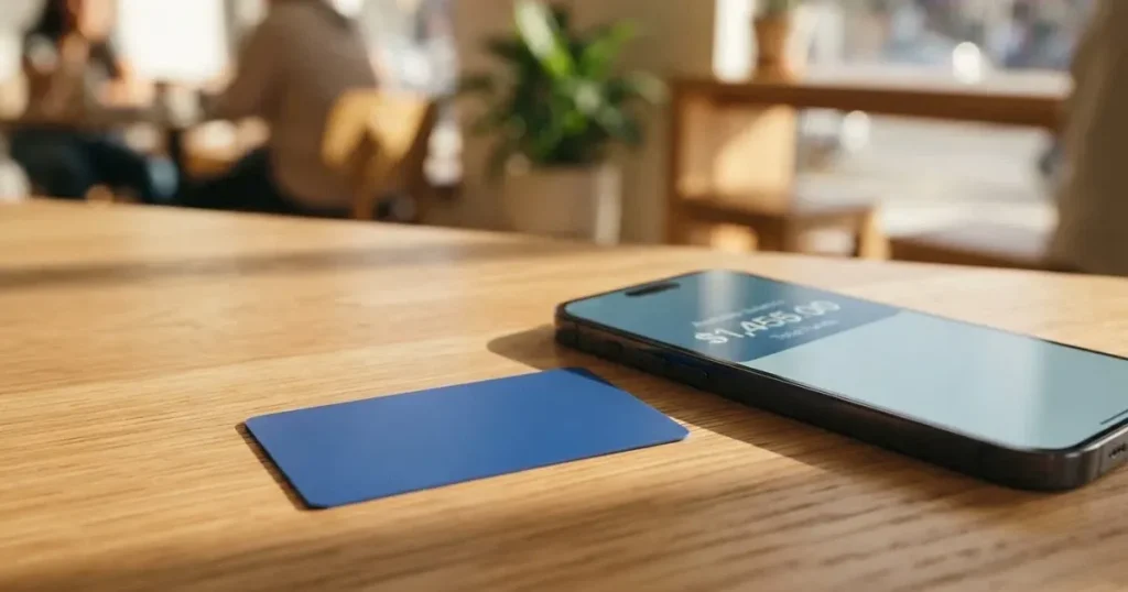 A payment card next to a phone with a crypto wallet app open