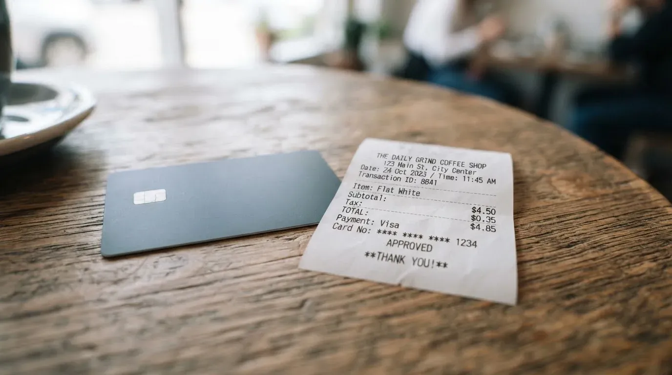 A receipt and a card on a café table