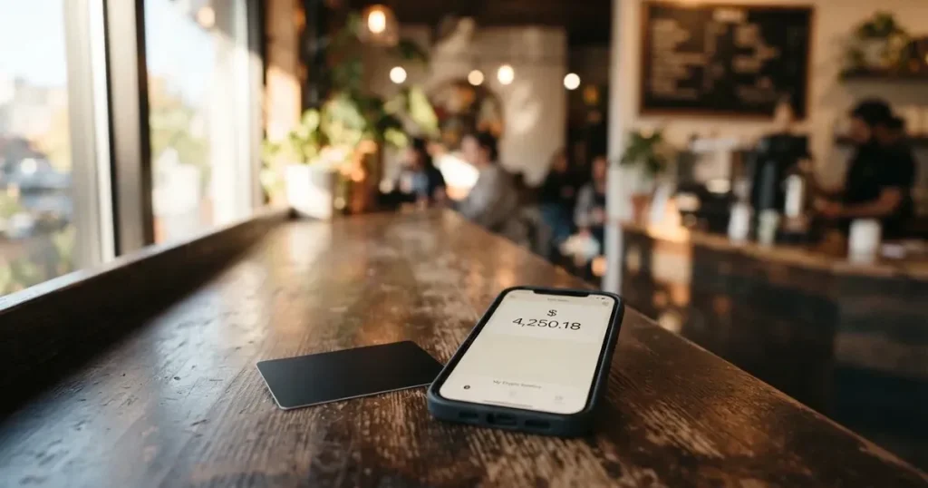 A payment card next to a phone with a crypto wallet app open