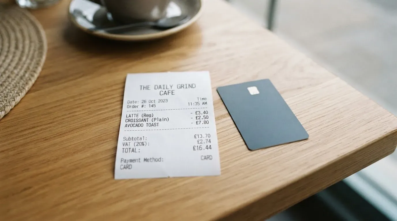 A receipt and a card on a café table