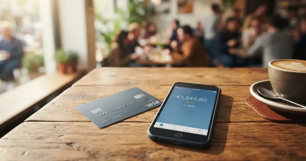 A payment card next to a phone with a crypto wallet app open