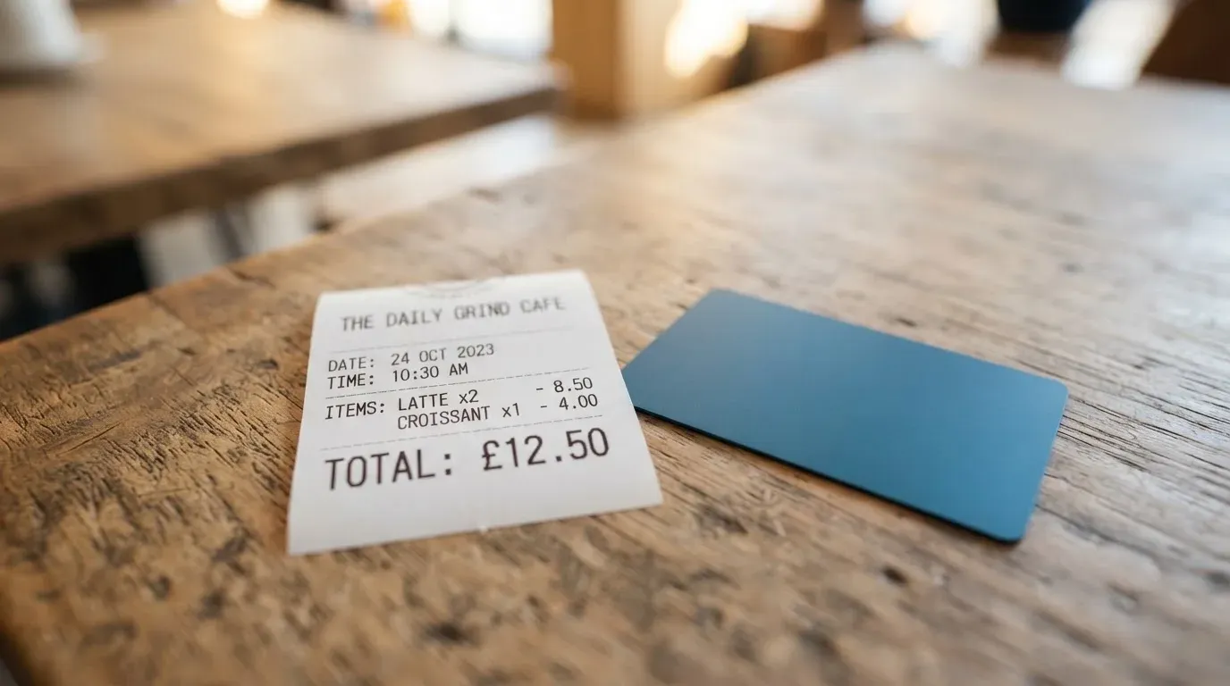 A receipt and a card on a café table
