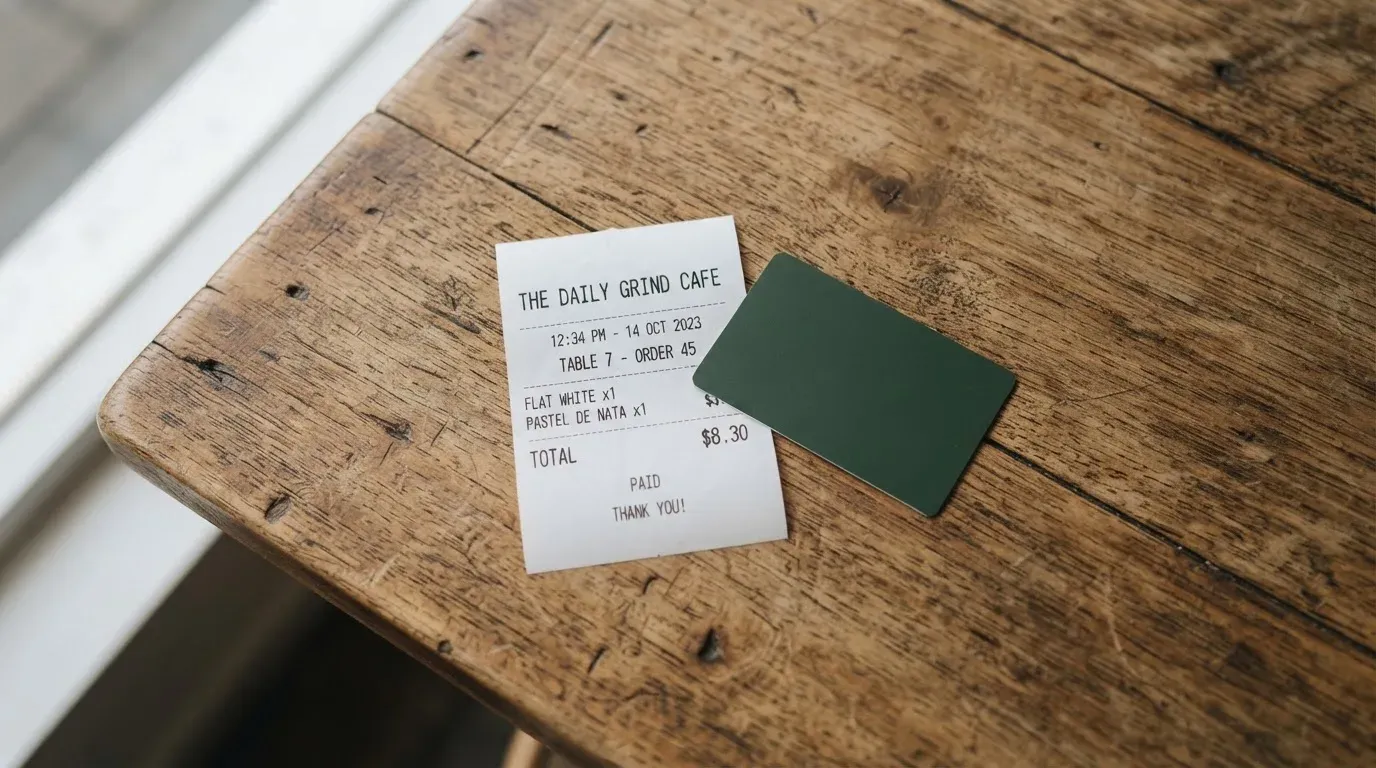 A receipt and a card on a café table