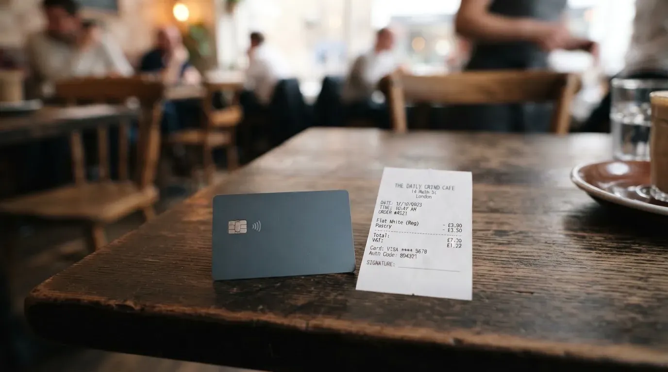 A receipt and a card on a café table
