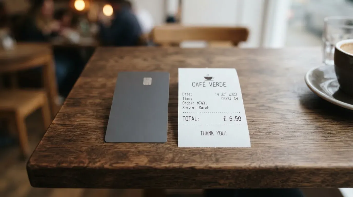 A receipt and a card on a café table