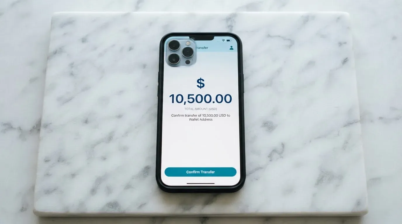 A phone showing a stablecoin transfer screen