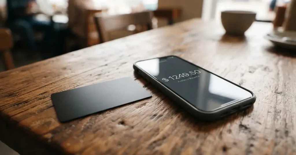 A payment card next to a phone with a crypto wallet app open