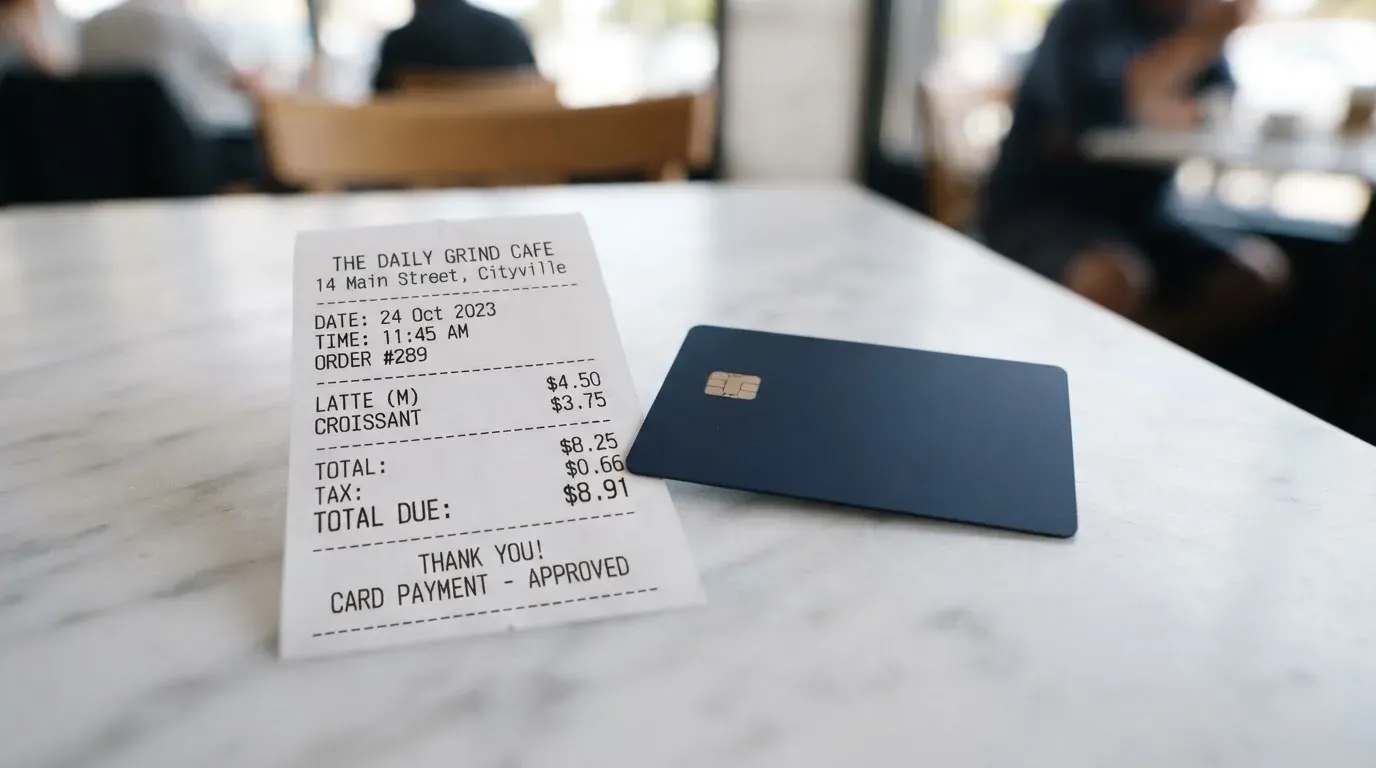 A receipt and a card on a café table