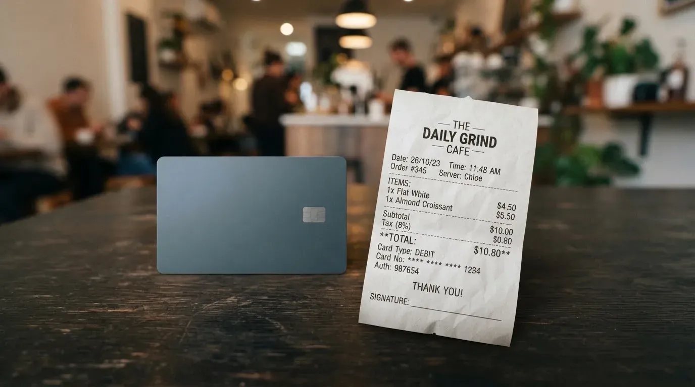 A receipt and a card on a café table