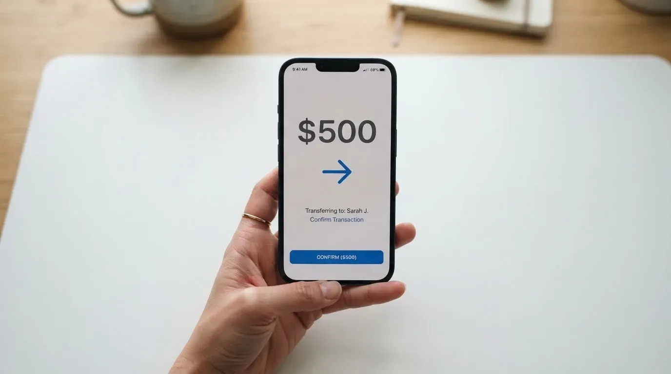 A phone showing a stablecoin transfer screen