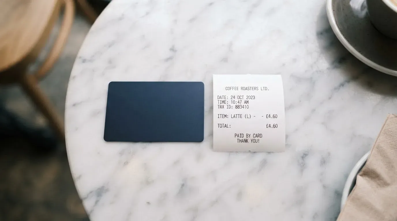 A receipt and a card on a café table