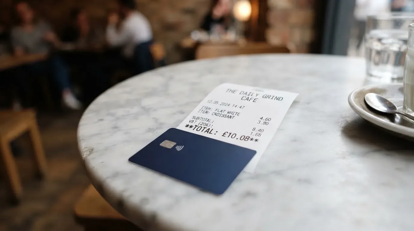 A receipt and a card on a café table