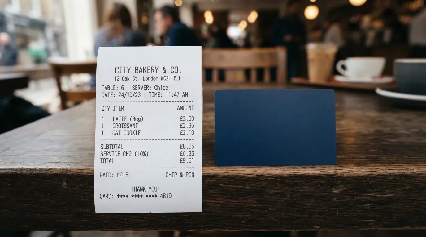 A receipt and a card on a café table