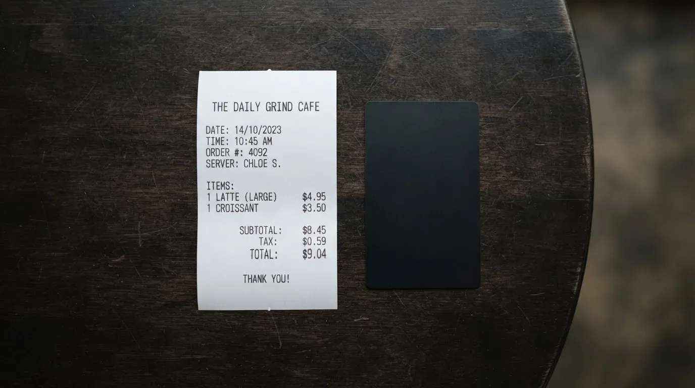 A receipt and a card on a café table