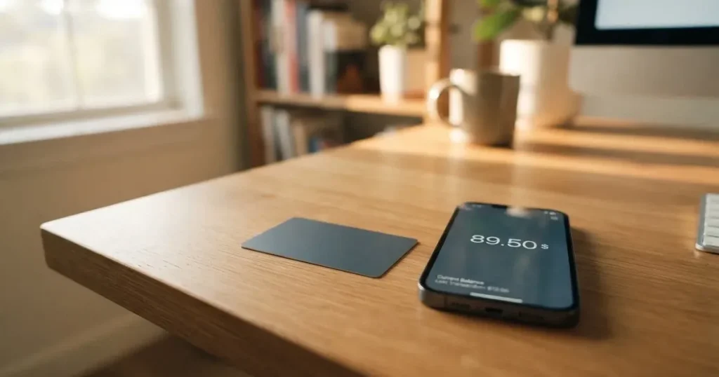 A payment card next to a phone with a crypto wallet app open