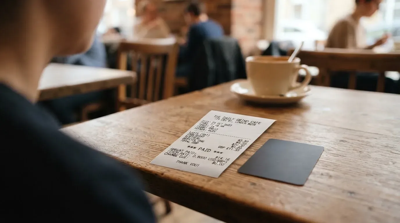 A receipt and a card on a café table