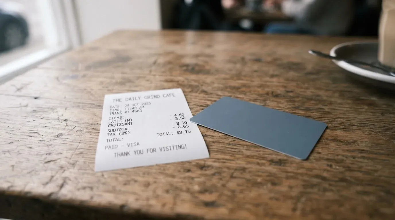 A receipt and a card on a café table