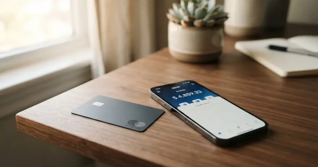 A payment card next to a phone with a crypto wallet app open