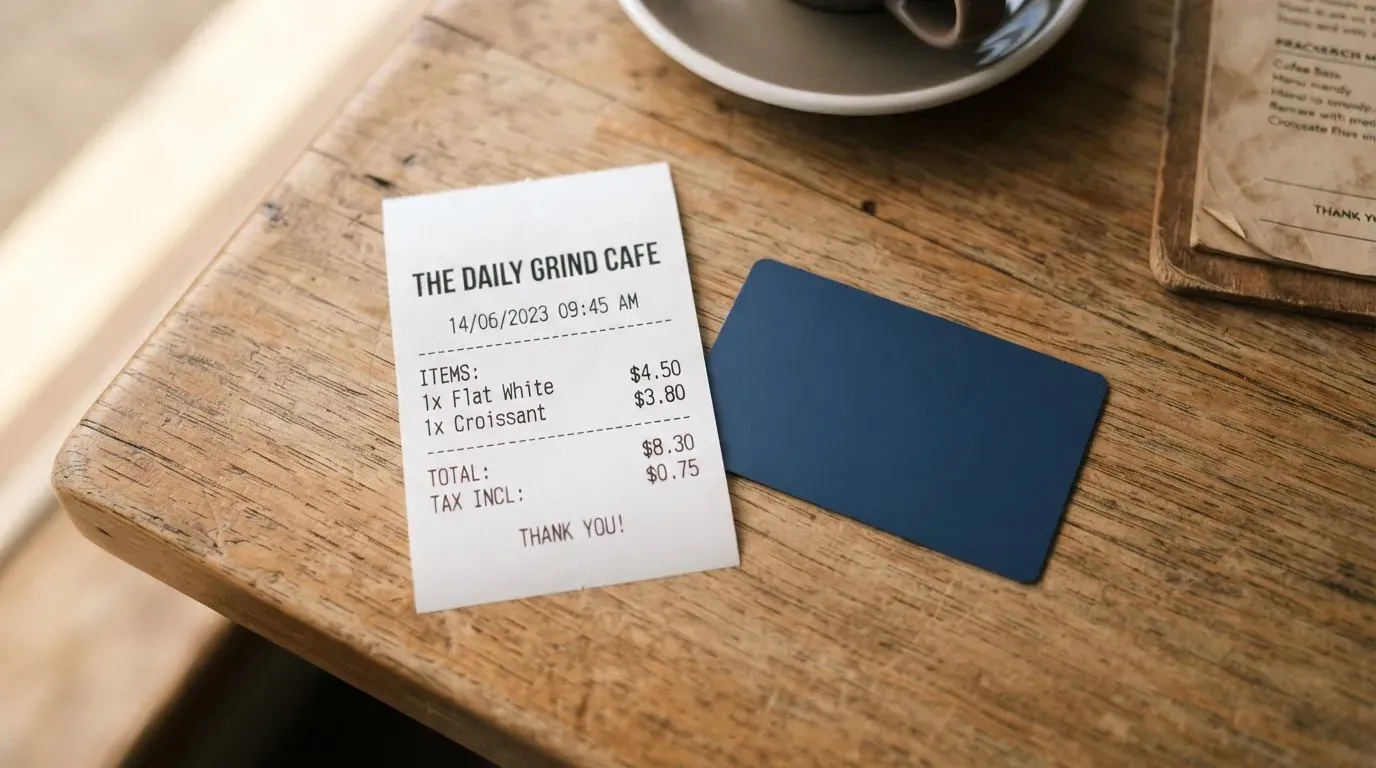 A receipt and a card on a café table