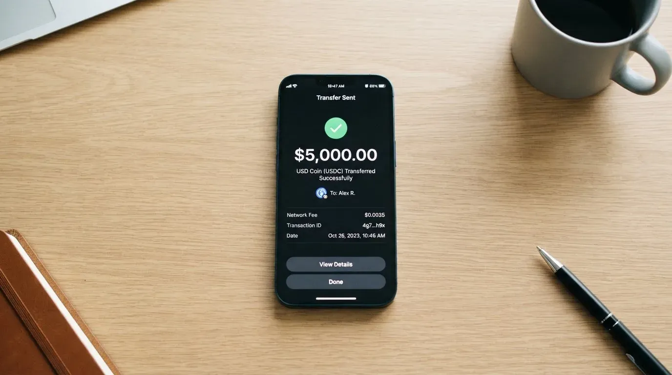 A phone showing a stablecoin transfer screen
