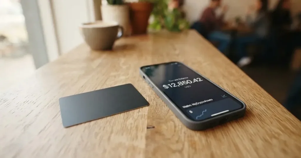 A payment card next to a phone with a crypto wallet app open