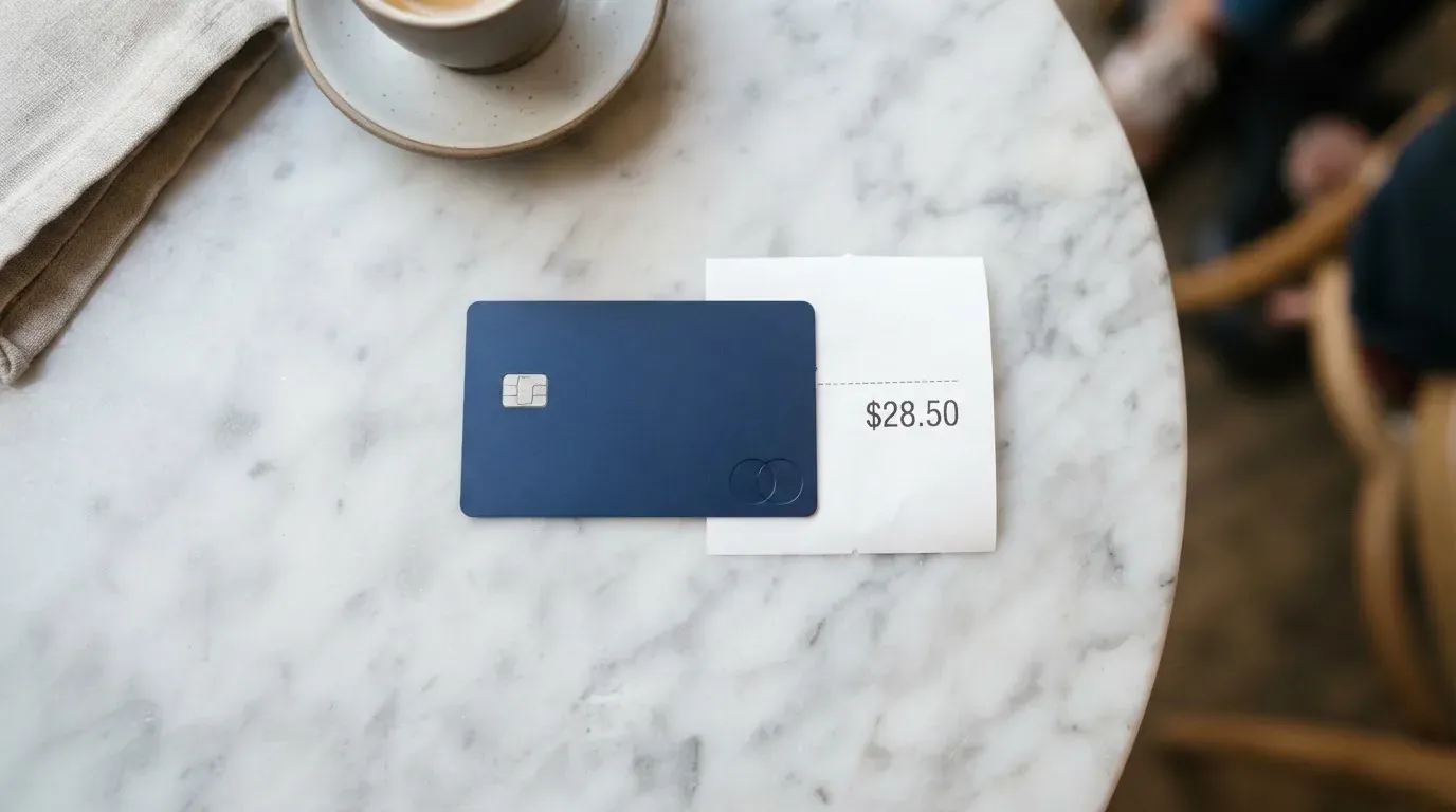 A receipt and a card on a café table