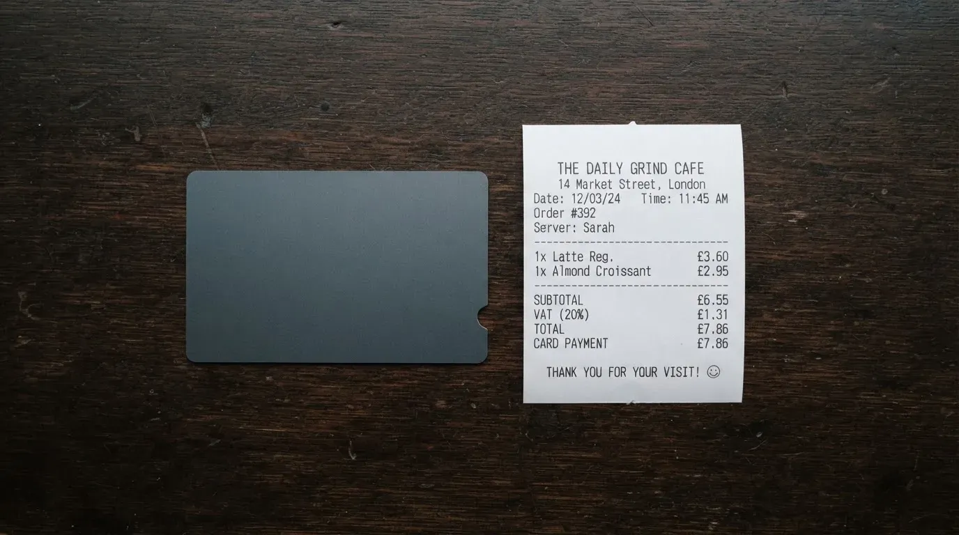 A receipt and a card on a café table