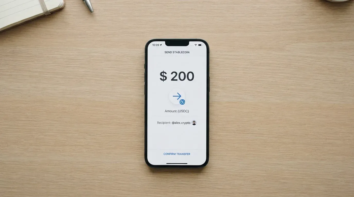 A phone showing a stablecoin transfer screen