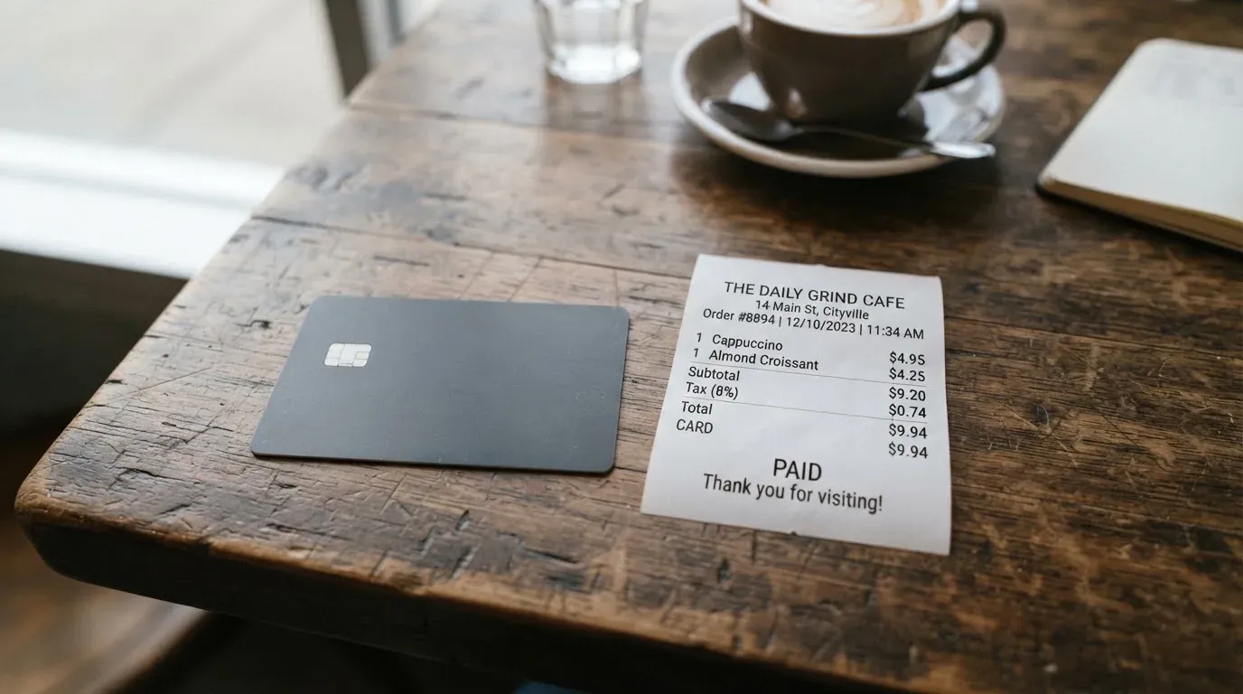 A receipt and a card on a café table