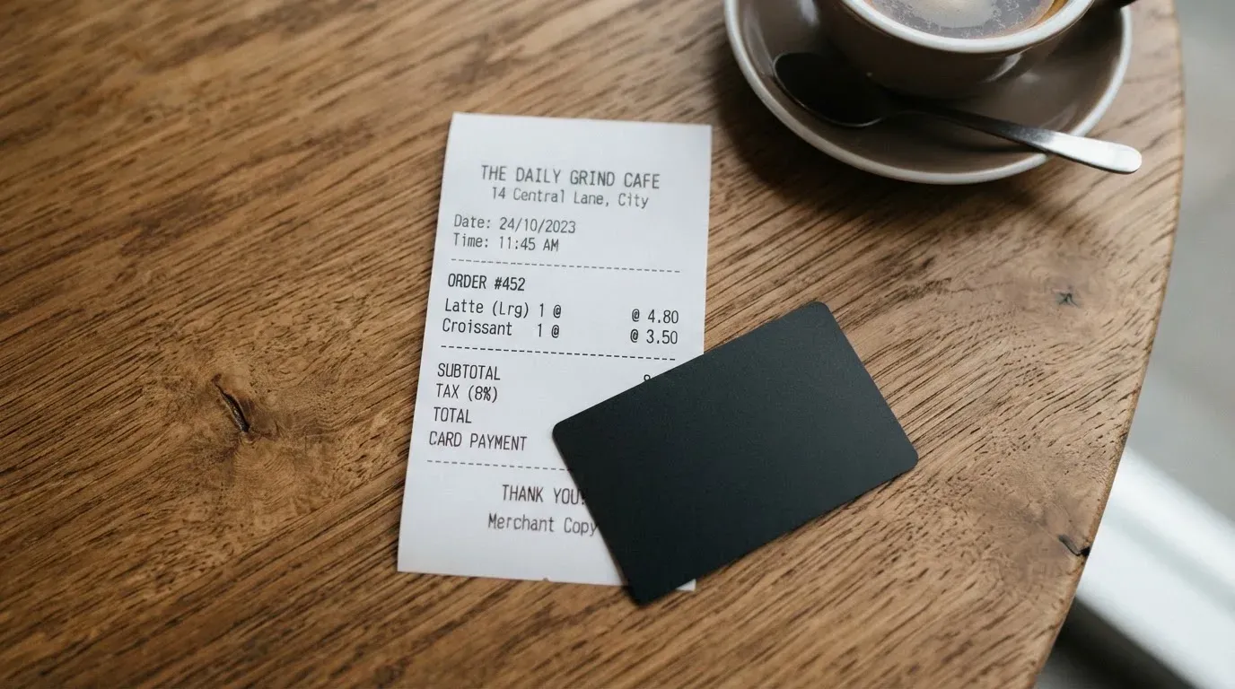 A receipt and a card on a café table