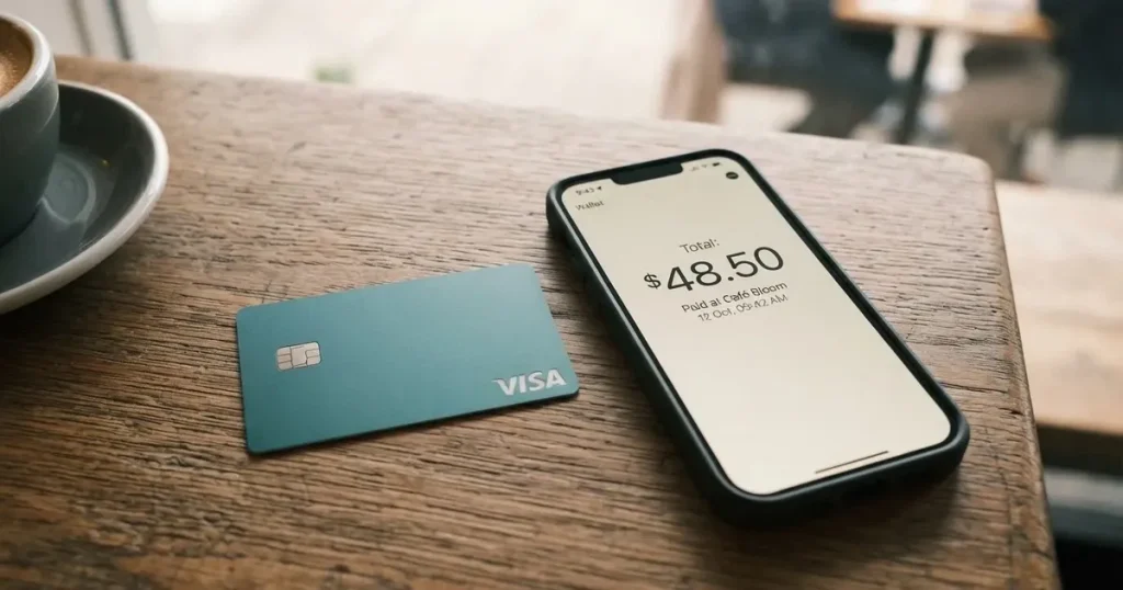 A payment card next to a phone with a crypto wallet app open